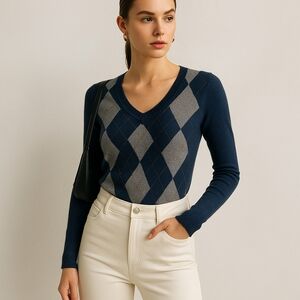 Guess Women’s Sweater M Blue Gray Argyle V-Neck Metallic Knit Pullover Preppy Y2